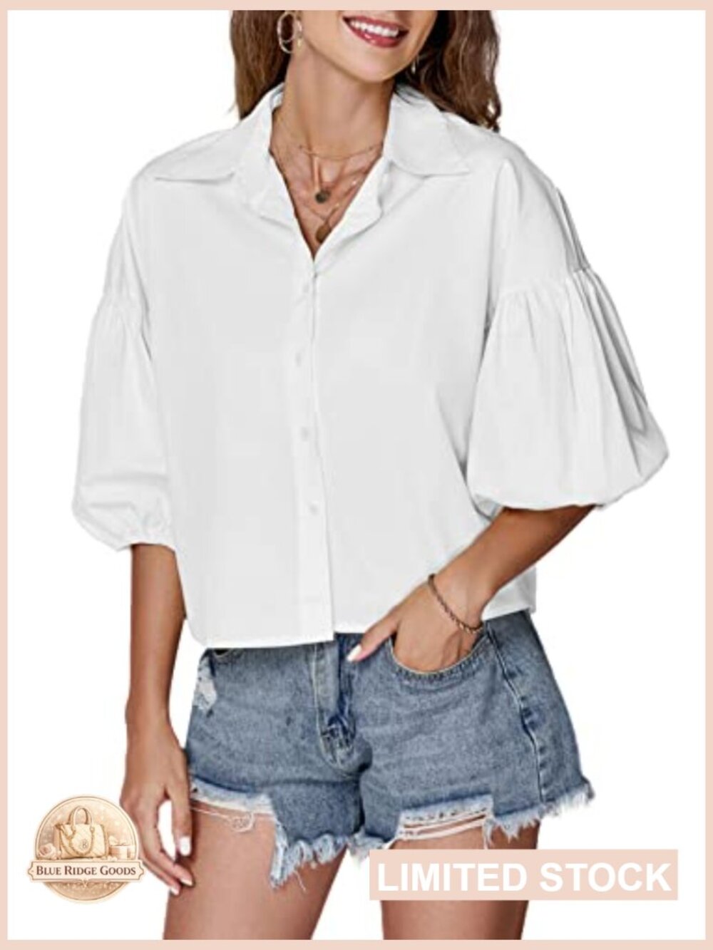 Crop Top Blouse Lantern Sleeve Collared V Neck Button Down Casual Summer Y2K - Picture 3 of 7
